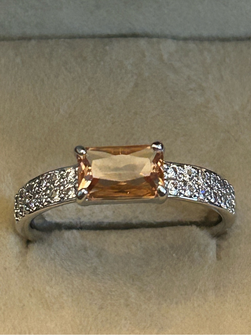 Rhodium Plated Band Ring w/Smokey Topaz Main Gem & Pavé Cubic Zirconia Accents